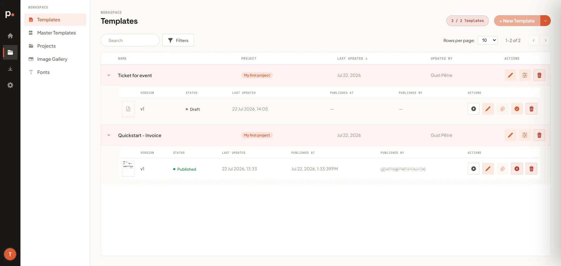 The Templates list with the Name, Project, Last Updated, Updated By, and Actions columns