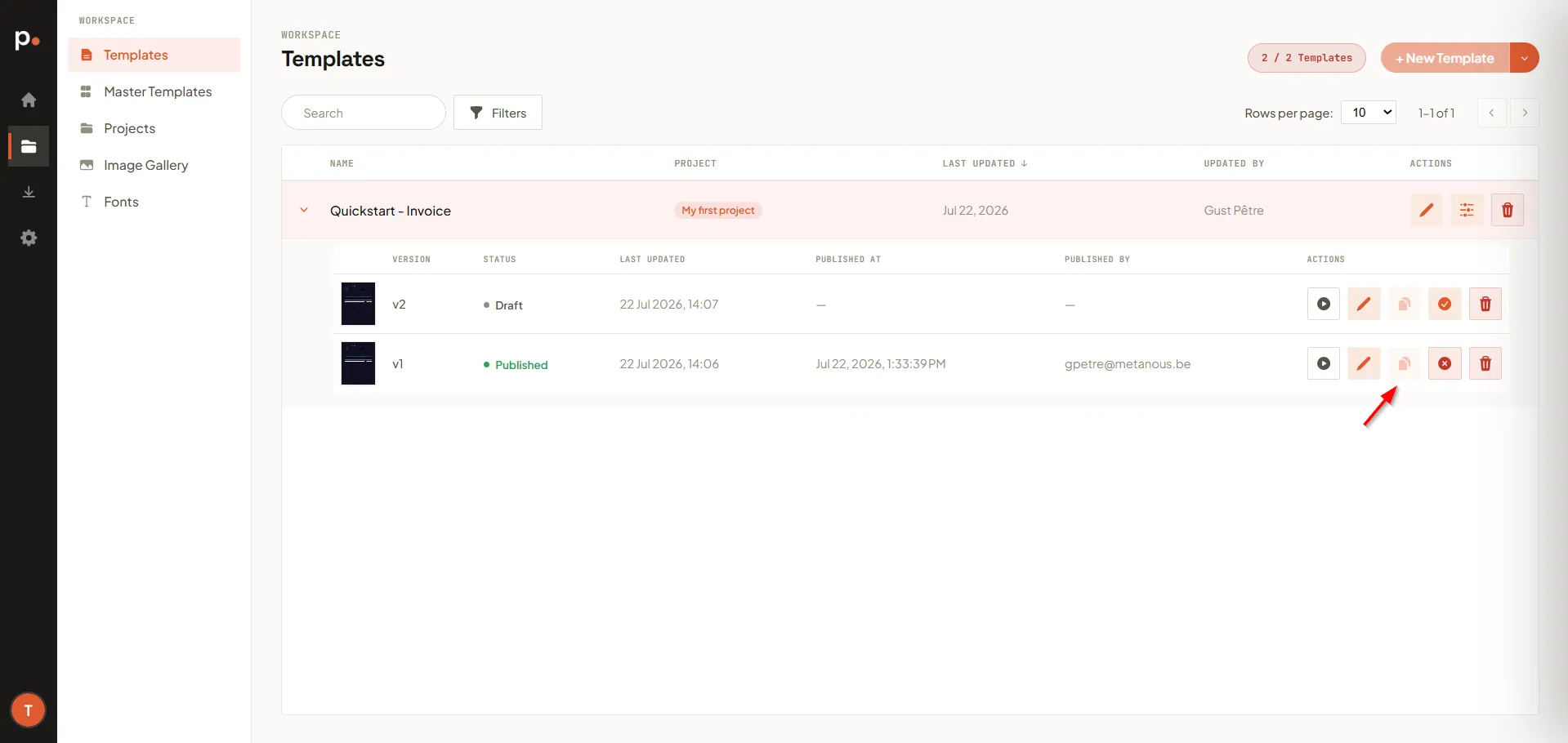 An expanded template row showing the versions sub-table