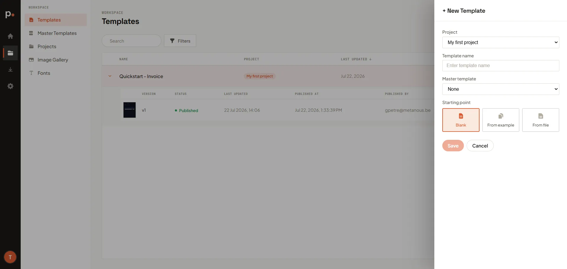 The New Template panel with project, name, master template, and starting point options