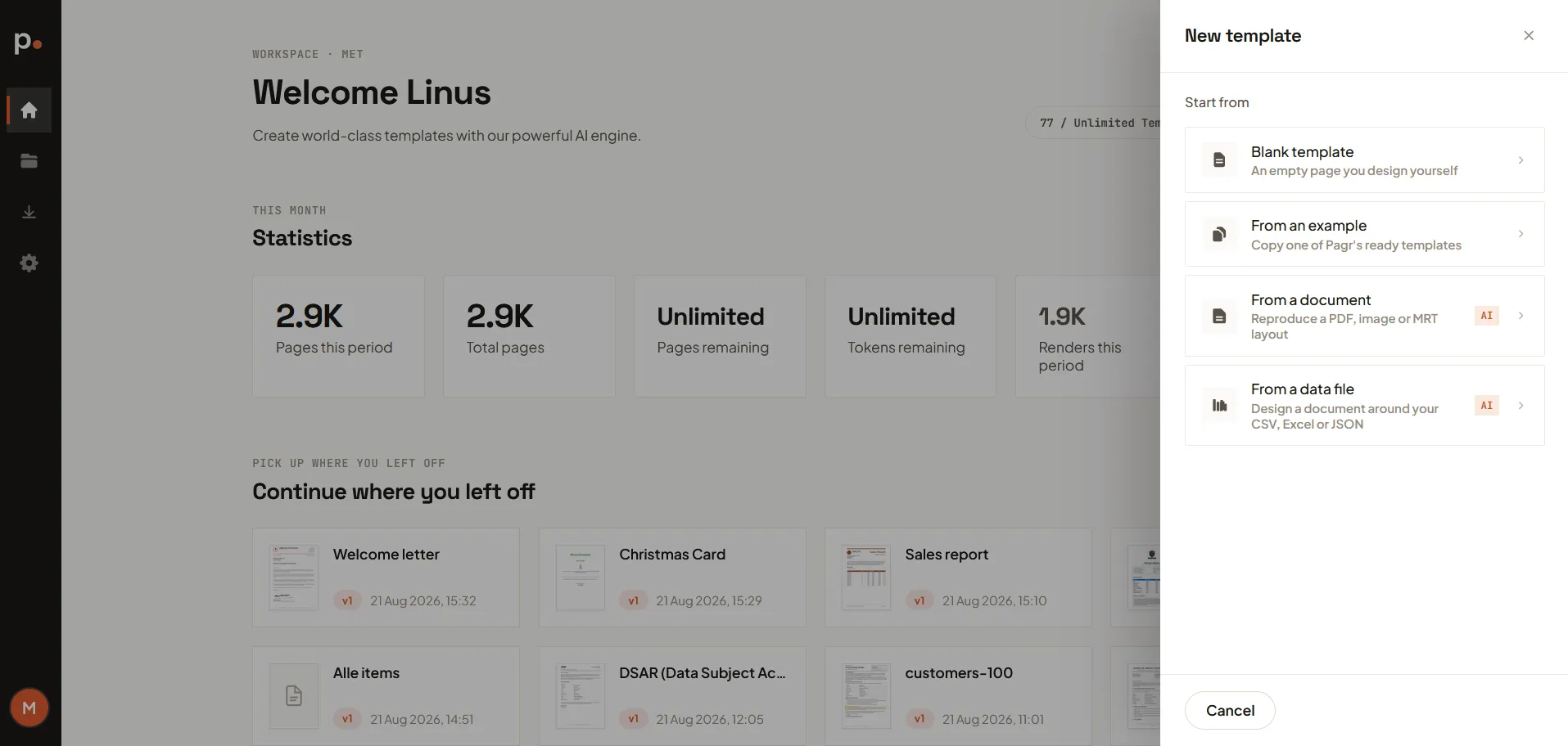 The New Template panel with project, name, master template, and starting point options