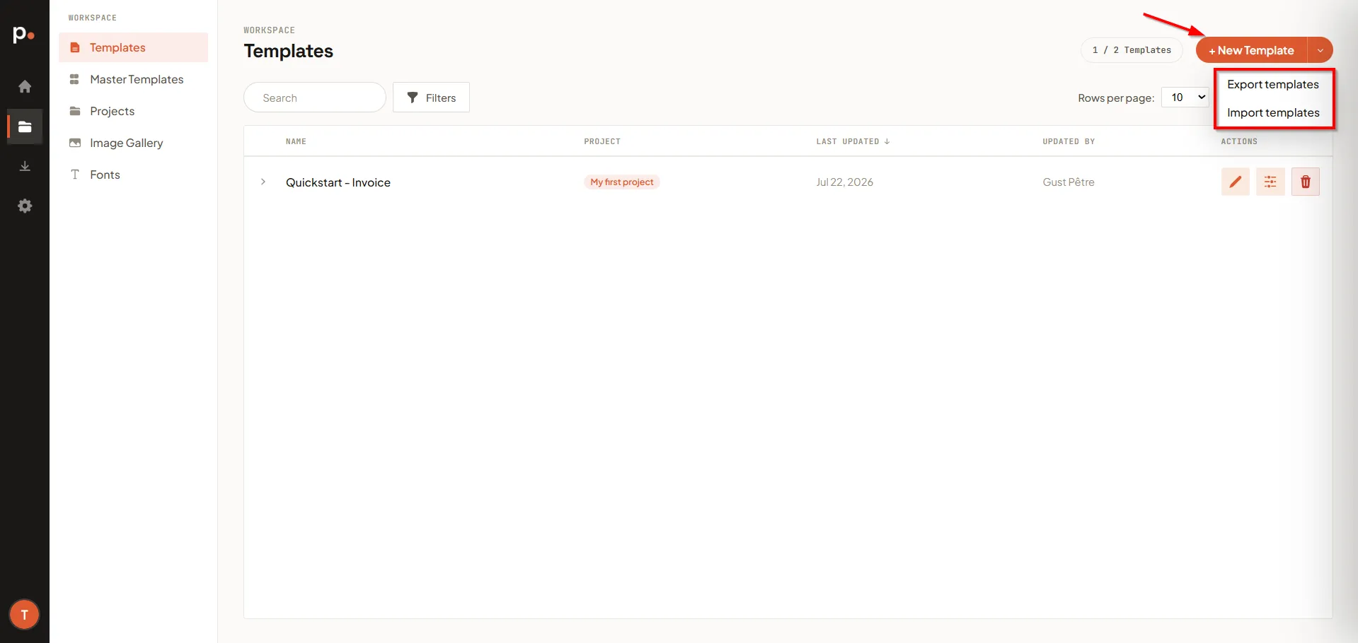 The Export templates / Import templates dropdown menu