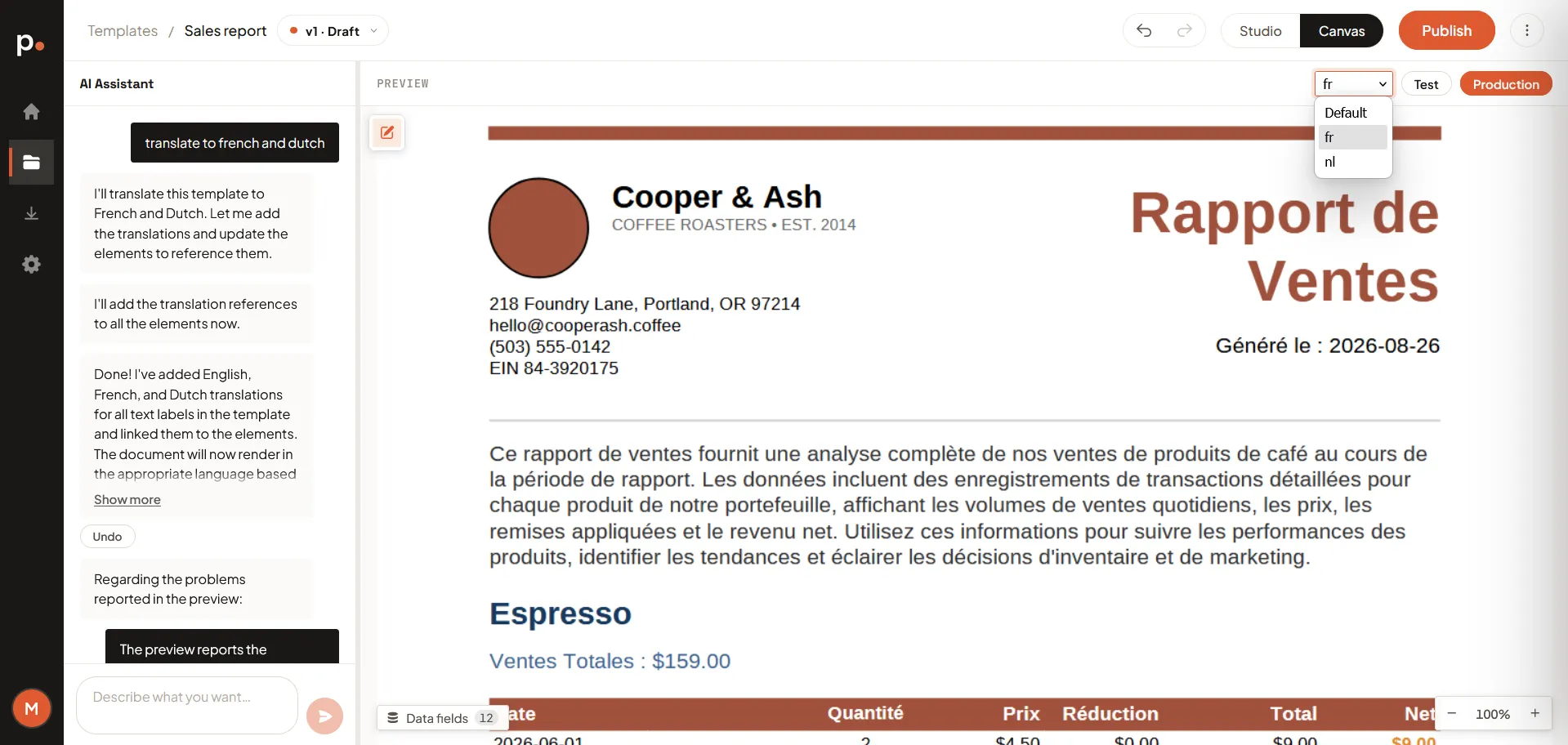 The Sales report template in Canvas view: the prompt “translate to french and dutch” and the assistant’s replies in the left panel, the language dropdown open above the preview showing Default, fr, and nl, and the preview rendered in French as “Rapport de Ventes”
