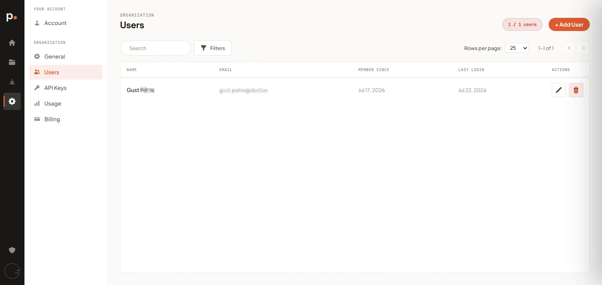 The Users list with Name, Email, Member Since, Last Login, and Actions columns