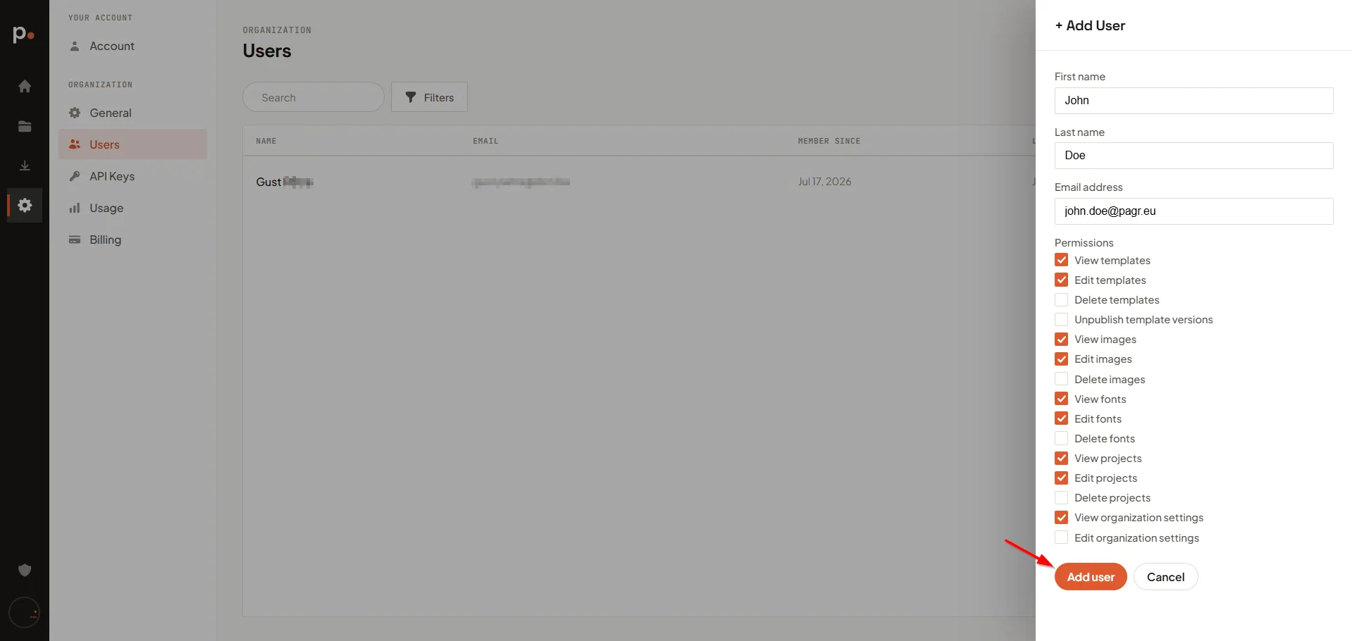 The Add User panel with name, email, and the permissions checklist