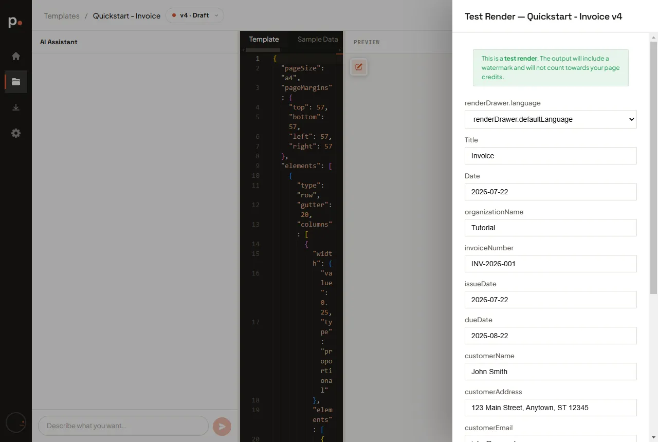 The Test Render drawer with a field per variable, pre-filled with the sample data